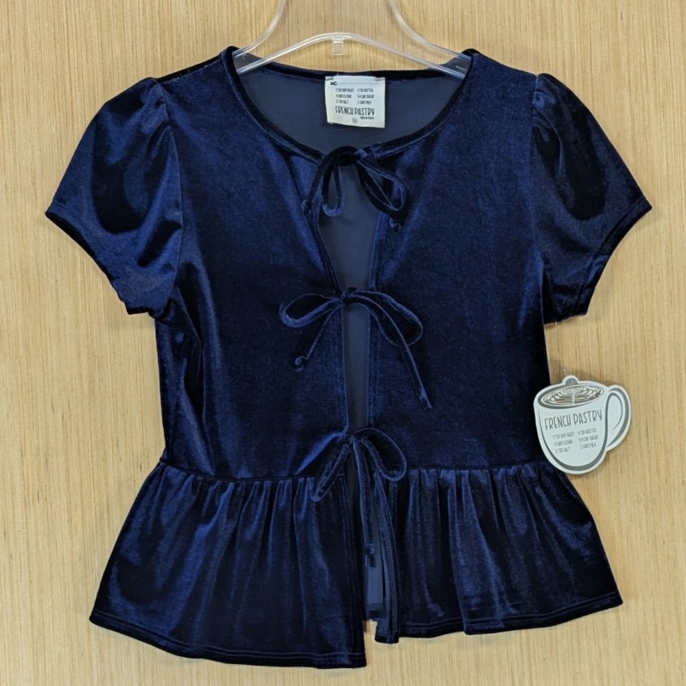 Womens Fairy Grunge Whimsygoth Witchy Velvet Tie Front Peplum Top Small Blue NWT
